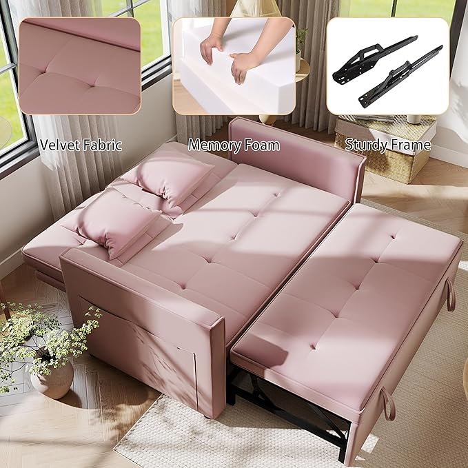 Pull Out Sofa Bed: 56 Pink 3 in 1 Convertible Sleeper Sofa Bed Velvet Loveseat Sleeper Couch with Storage Comfy Futon Couch Beds for Living Room | Velvet