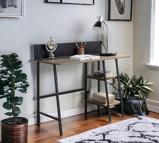 Penau Rustic Oak Writing Desk with Black Finished Legs 2-Tier Shelf Smartphone Holder Modern Design for Home Office