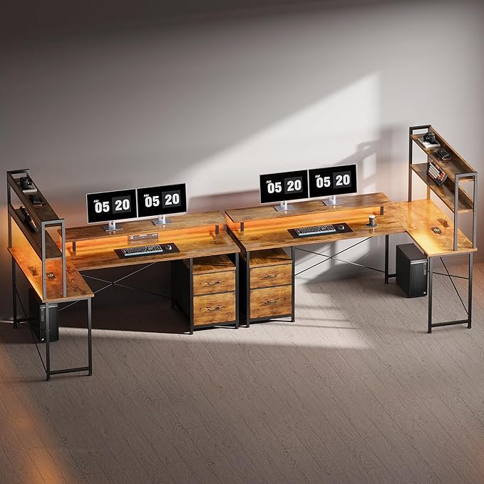 L Shaped Desk with ShelvesReversible Computer Desk with LED Lights and Charging StationHome Office Corner Desk with Monitor StandBrown2