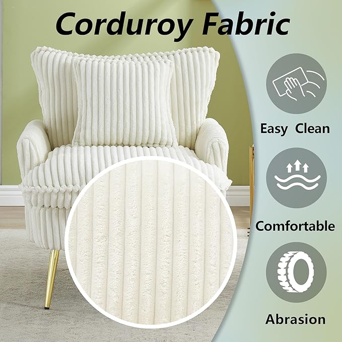 30 Beige Accent Chair Corduroy Accent Armchair with Soft Pillow &amp Gold Legs Comfy Upholstered Arm Chairs for Samll Space Living Room Bedroom 300 LBS Capacity (Beige)