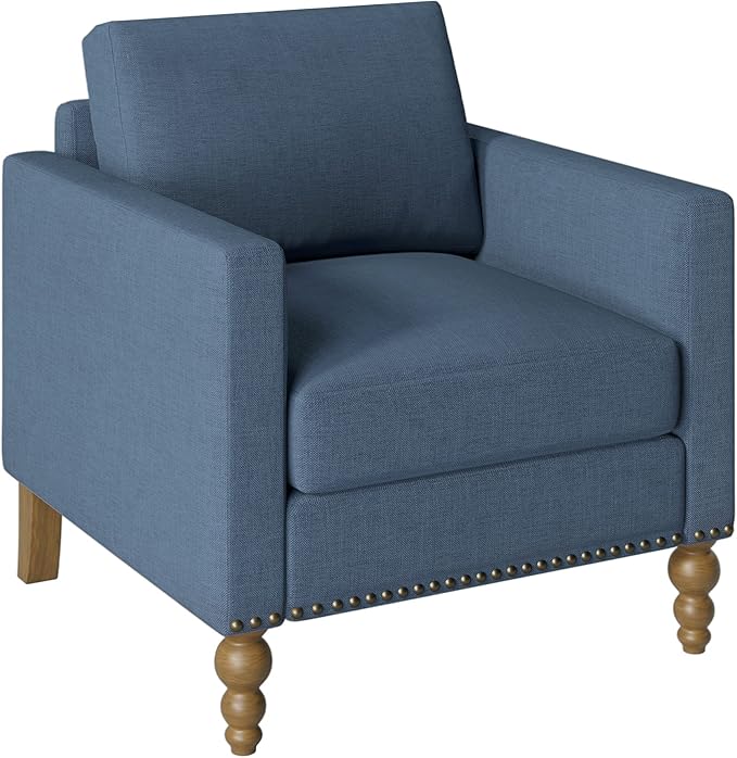 Classic Linen Armchair Accent Chair with Bronze Nailhead Trim Wooden Legs Single Sofa Couch for Living Room Bedroom Balcony Navy Blue