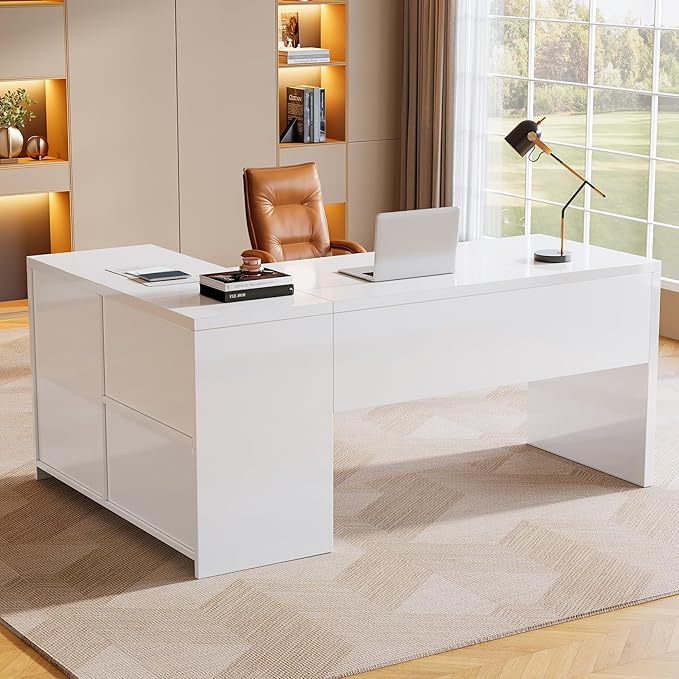 Tribesigns White L-Shaped Computer Desk with 3 Drawers 55-Inch Modern Gloss Corner Home Office Executive Desk with LED Lights and 2 Storage Shelves for Work Study Writing