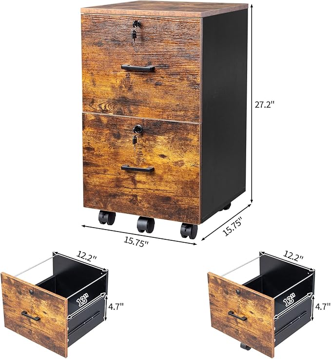 Brown Rolling Drawer Cabinet Office Drawers 2 Drawer Unit Chest of Drawers Wood Storage Cabinet with Drawers Rolling Printer Stand with Drawers Filing Cabinets for Home Office 40 x 40 x 66CM