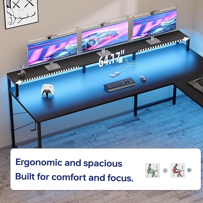Pamray 64 Inch L Shaped Gaming Desk with Power Outlets and Led Lights Large Corner Computer Desk with Monitor Stand and Pegboard PC Table for Home Office and Bedroom Grey