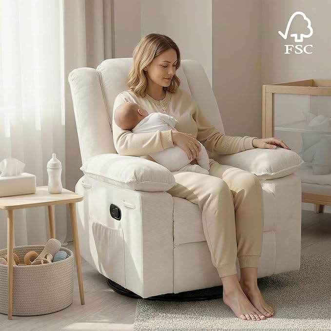 FLEXISPOT Swivel Rocker Recliner Chair for Adults Massage Recliner Rocking Chair Nursery 360° Swivel Nursery Glider for Living Room Bedroom Beige (XRC2)