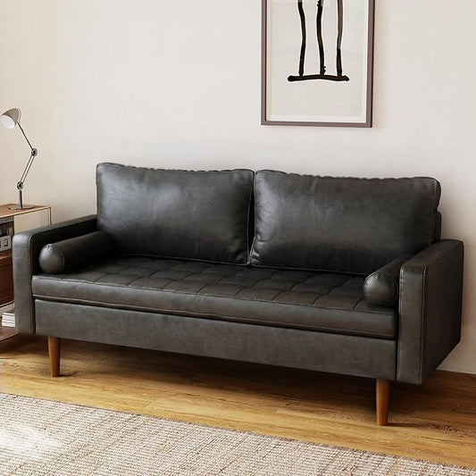 70 Loveseat Sofa Couch Mid-Century Vintage Couches 2 Seat Faux Leather with Solid Wood Frame Deep Seat 2 Pillows for Living Room Apartment Office Small Spaces Charcoal