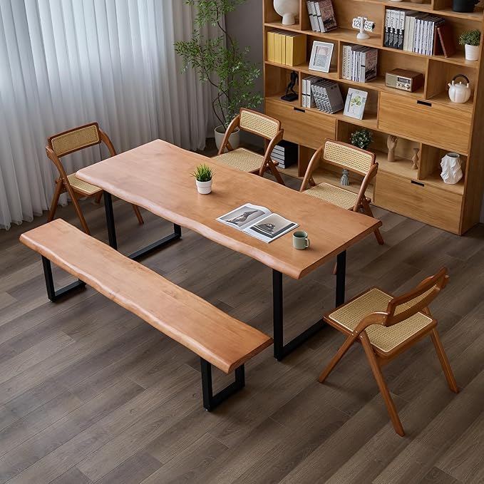 Stylish Brown Wooden Long Bench with Sturdy Metal Legs – Versatile Seating for Office Restaurant Living Room and Meeting Room(Brown Bench 55.12in)
