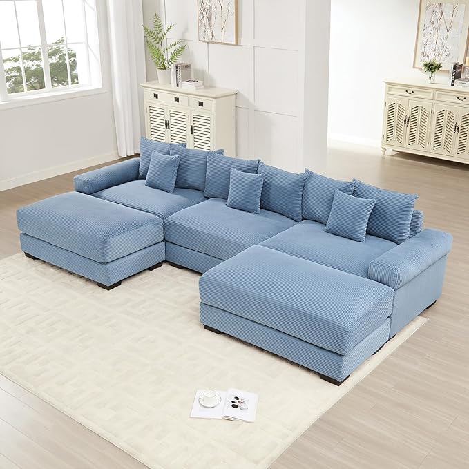 130.4 Oversized Modular Sectional Sofa Corduroy Large Sectional Couches for Living Room 3 Seater Couches with 2 Movable Ottomans Modern Deep Seat Sofa Set U Shaped Blue