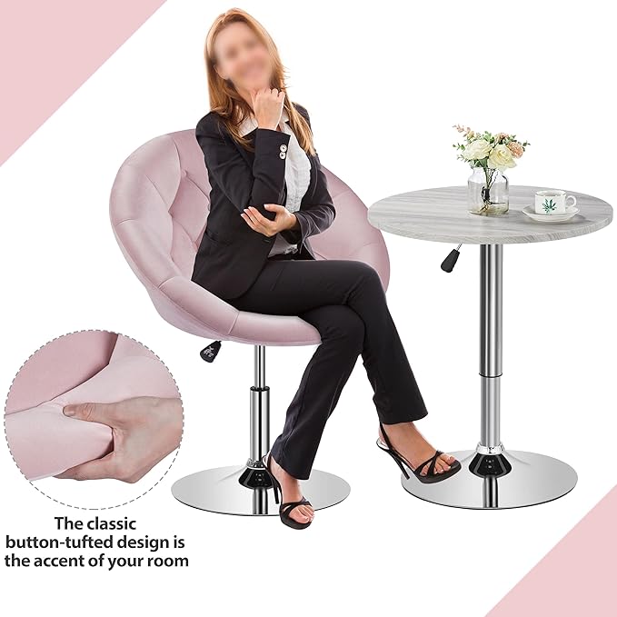Yaheetech Adjustable Vanity Chair with Round Tufted Back Swivel Velvet Salon Chair for Bedroom Living Room Office Pink