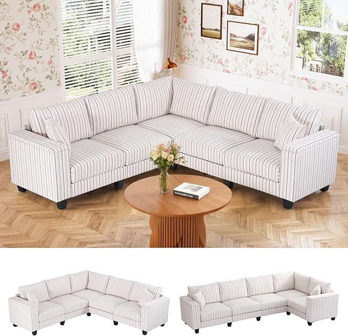 97 Stripe Pattern Sectional Corner Sofa with Storage Armrests &amp 2 Pillows Oversized Modular Couch V-Shape Sofa Upholstered L-Shape Couch 5-Seat Sectional for Living Room Apartment Bedroom