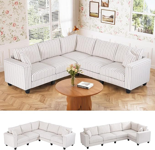 97 Stripe Pattern Sectional Corner Sofa with Storage Armrests &amp 2 Pillows Oversized Modular Couch V-Shape Sofa Upholstered L-Shape Couch 5-Seat Sectional for Living Room Apartment Bedroom