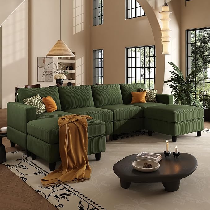 101 Inch Green Corduroy Sectional Sofa U Shaped Sectional Sofa with 2Ottomans 6 Seater Convertible Corduroy Sofa Comfortable Living Room Couch (Green 4 Seat with 2 Ottoman)