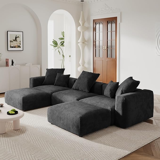 141.73 Modular Sectional Sofa Slipcovered Corduroy U Shaped Sofa Couch with 2 Ottomans5 - Piece Convertible Sectional with 5 PillowsCushion Covers Removable&amp Washable (Black)