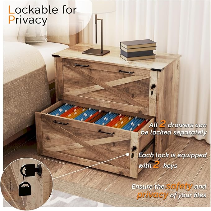 VINGLI 2 Drawer File Cabinet with Lock Home Office Filing Organizer for Letter Legal A4 Size File Folder Storage Modern Farmhouse Wood Lateral Filing Cabinet Archivador (Rustic Gray)
