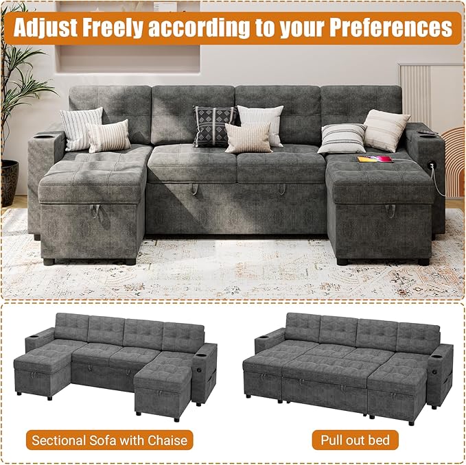 IDEALHOUSE U-Shaped Couches for Living Room Sofa Bed for Living Room with Reversible Storage Chaises and Hidden Storage Armrests Cup Holders and USB Charging Ports Included Dark Grey