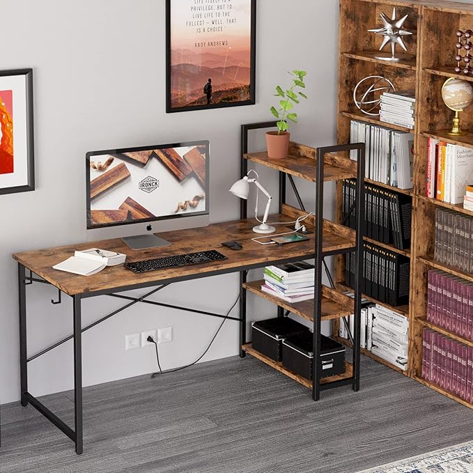 IRONCK Computer Desk 55 with Power Outlet and Storage Shelves Study Writing Table with USB Ports Charging Station PC Desk Workstation for Home Office Rustic Brown