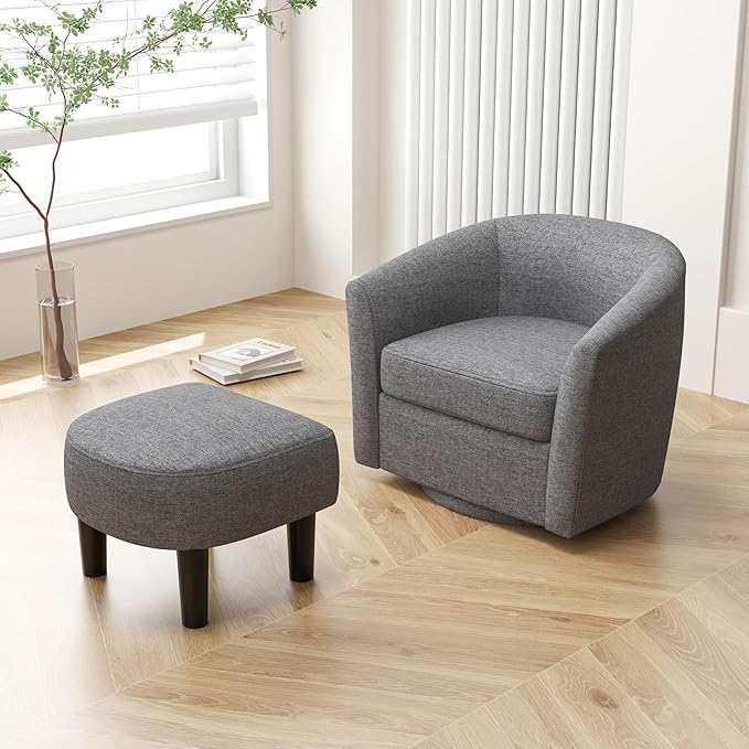 Giantex Swivel Accent Chair with Ottoman Modern Barrel Club Chair w/Footrest Curved Backrest &amp Armrests Removable Seat Cushion Swivel Single Sofa Arm Chair for Living Room Bedroom Office Gr