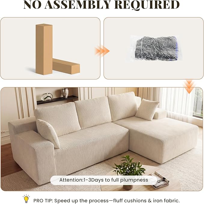 Cloud Sectional Boneless Couches for Living Room Modular L Shaped Couch with Deep Seat Oversized Right Facing Chaise Memory Foam Compressed Spineless 3 Seater Sofa for Apartment Taupe | No Assembly