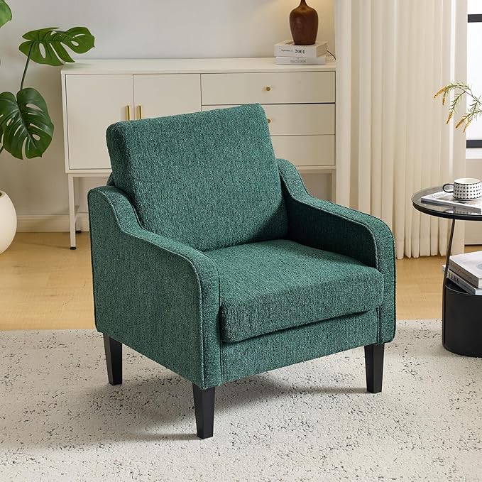 VINGLI Upholstered Chenille Accent Chair for Living Room Bedroom Mid-Century Modern Arm Chair Comfy Reading Chair with Scooped Arms (2 Dark Green)
