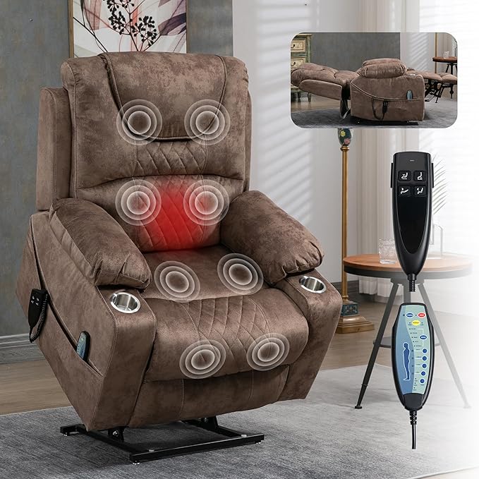 Large Power Lift Recliner Chair with Massage and Heat for Elderly Big and Tall People Dual Motor 180° Lay Flat Overstuffed Wide Velvet Recliners with 2 Cup Holders Side Pocket