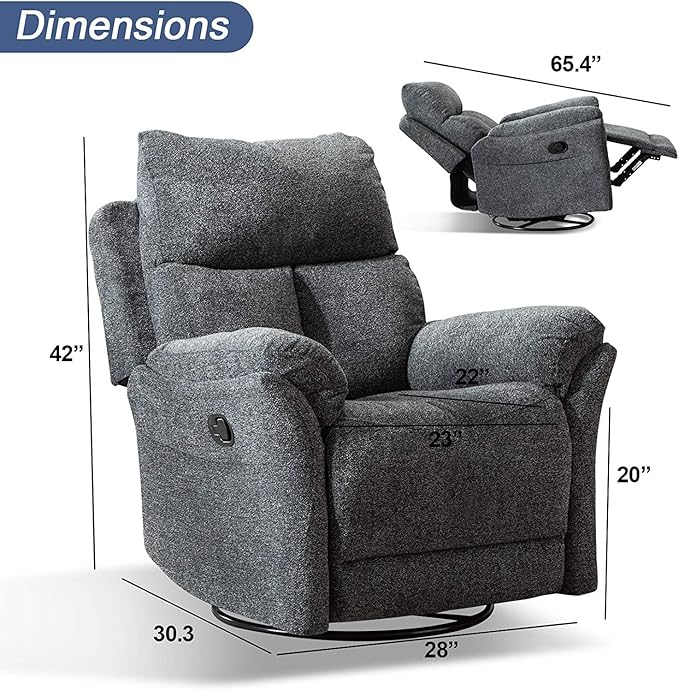 ANJ Swivel Rocker Recliner Chair Manual Fabric Glider Nursery Recliner Chair Single Rocking Modern Sofa Home Theater Seating for Living Room Nursery (Dark Gray)