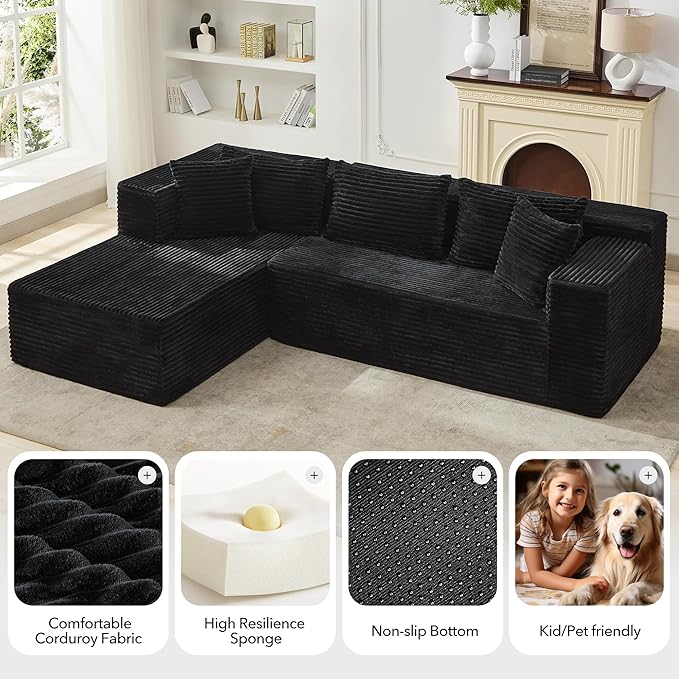 Modular Sectional Sofa Cloud Sectional Couch 106 Comfy Fluffy L Shaped Black Couches for Living RoomOversized Sofa Sleeper with Deep Seat No Assembly Required Black