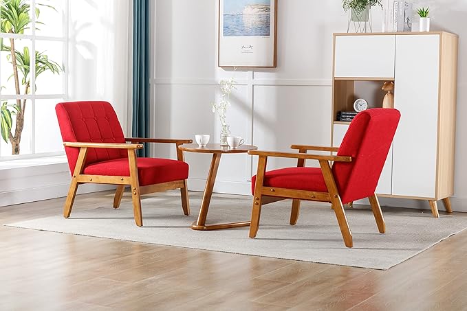 Accent Chairs Set of 2 with Side Table Mid Century Modern Accent Chair Wood and Fabric Armchairs Side Chair Lounge Reading Comfy Arm Chair for Living Room Bedroom Office