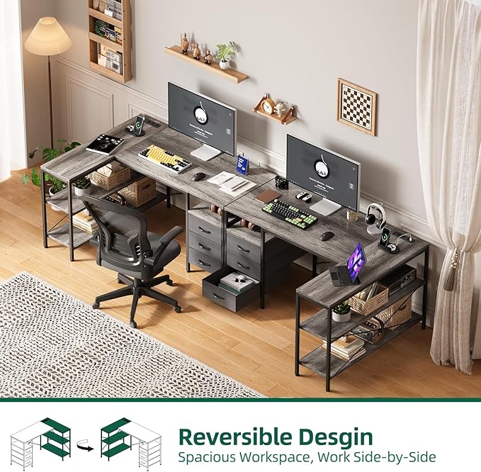 MUTUN L Shaped Computer Desk with 3 Drawers &amp Power Outlets 47 Inch Corner Desk with Reversible Storage Shelves PC Table for Home Office Bedroom (Grey 47 Inch)