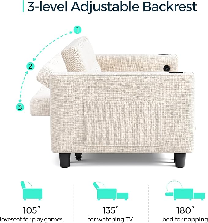 LINSY 3-in-1 Convertible Sofa Bed 54 Pull Out Sleeper Sofa with Charging Station &amp Cup Holder Small Folding Loveseat with Side Pocket for Small Space Corduroy Couch Beige