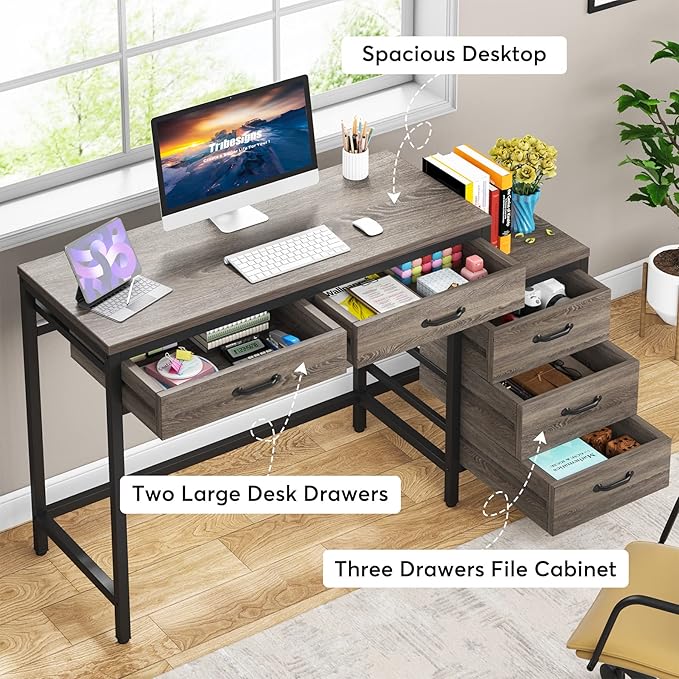Little Tree 5 Drawers Computer Desk Desk with Reversible File Drawer Cabinet for Home OfficeGrey