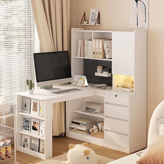 L-Shaped Corner Desk with Hutch/Charger/Drawers/Bookshelf Modern Home Office Desk with LED Lights Study Writing Gaming Computer Table with Storage Space White