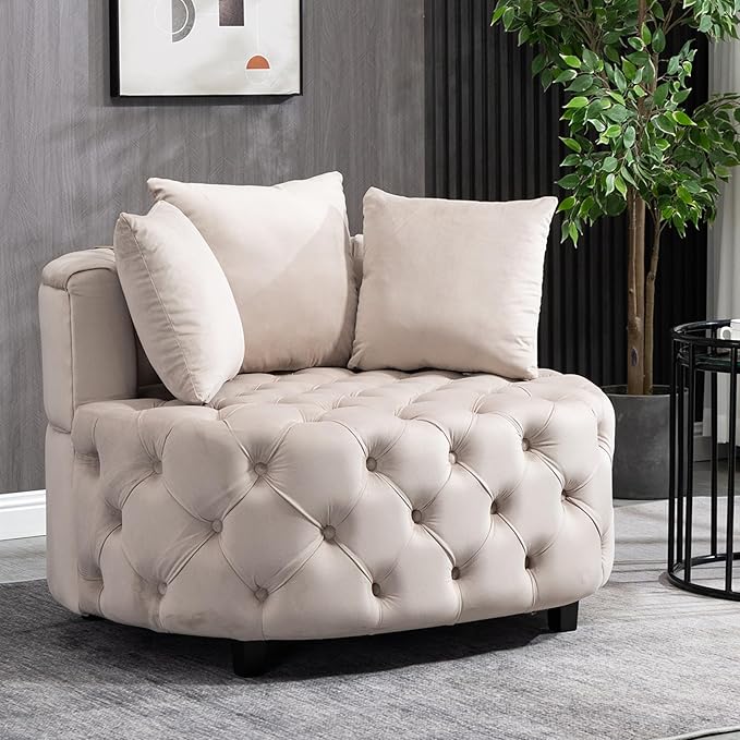 Setawix 40.6 W Round Barrel ChairModern Velvet Upholstered Accent Arm Chairs for Living RoomButton Tufted Club Chair OversizedLuxury Single Lounge Sofa Chair for BedroomOfficeHotel (Light Khaki)