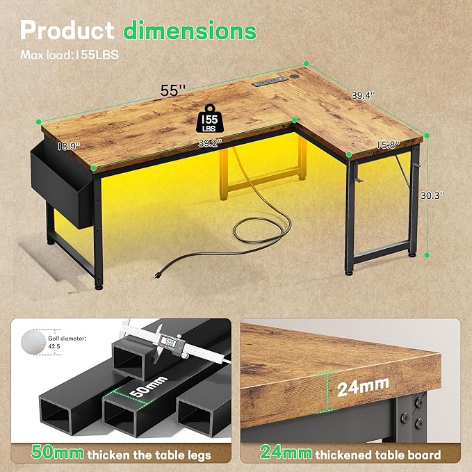 L Shaped Desk with 0.95 Inch Thicker Desktop &amp Storage Bag Computer Desk with Power Outlets &amp Lights Reversible Gaming Desk for Home Office Corner Desk Study Room Living Bedroom Brown