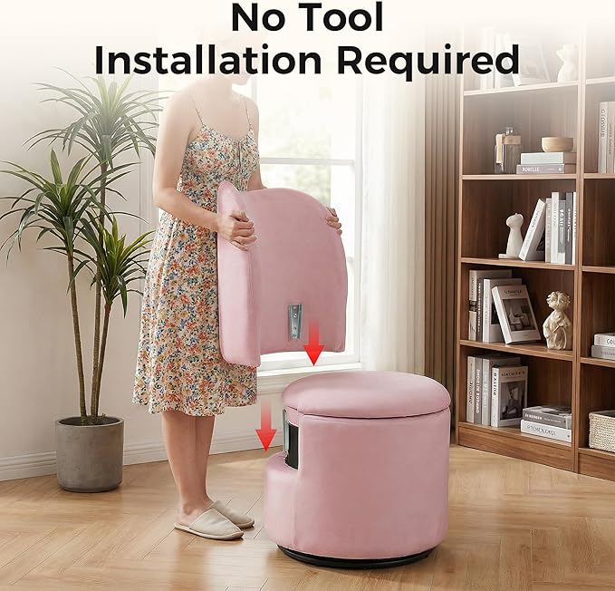 Velvet Vanity Chair with Storage 360° Swivel Makeup Chair with Back Modern Swivel Accent Stool Barrel Chair Upholstered Ottoman Vanity Stool with Back for Bedroom Dressing Living Room Pink
