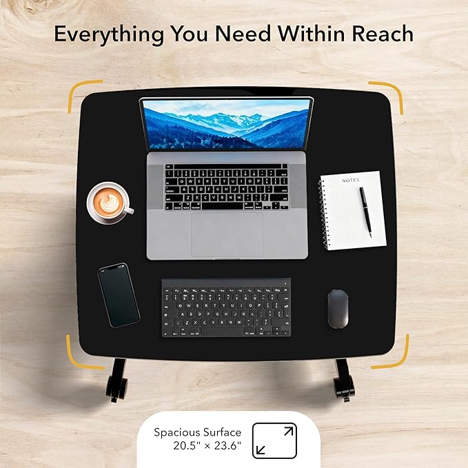 Mount-It! Rolling Laptop Desk Adjustable Height (29.6”-44.2”) Mobile Workstation Cart with 23.6” x 20.5” Desktop Small Sit-Stand Desk for Home Office or Classroom in Black