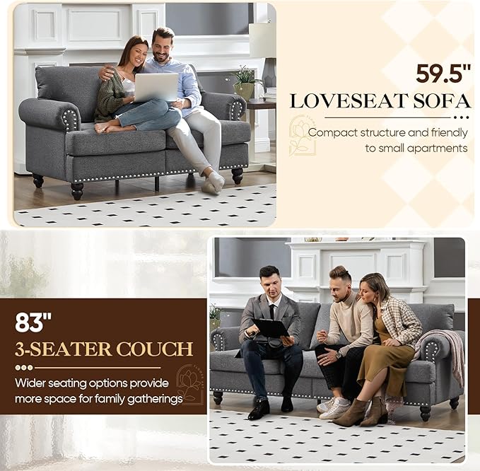 Antetek 59.5-inch Loveseat Couch with Storage Mid Century Chesterfield Linen Fabric Vintage Retro Classic Sofa Couch with Nailhead Trim &amp Rolled Armrests for Living Room Bedroom Office Grey