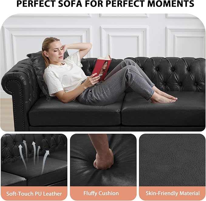 AVZEAR Chesterfield Modular Sectional Sofa Comfy Leather PU Couch Sectional with 2 Pillows Modern Upholstered Couches Living Room Furniture Sets for Living Room Bedroom and Apartment Black