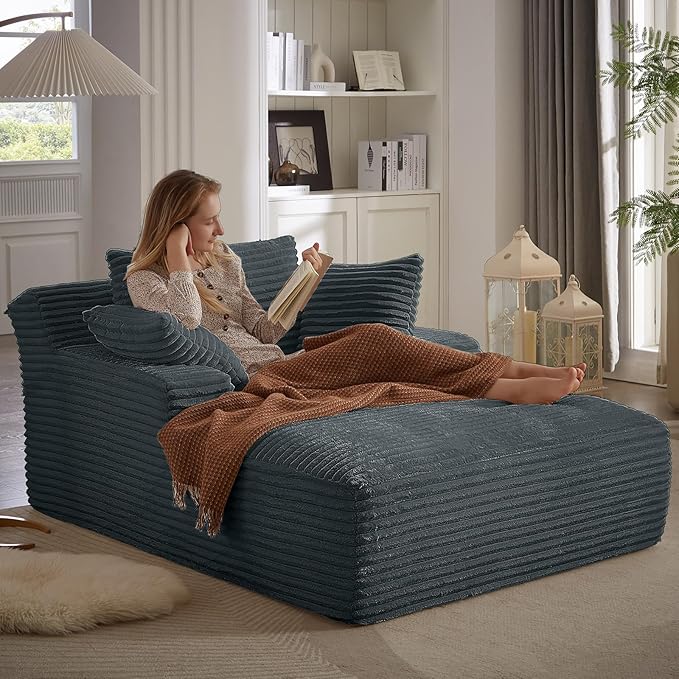 49.2 Oversized Chaise Lounge Chair Deep Seat Upholstered Cozy Cloud Couch Modern Corduroy Floor Sleeper Sofa Bed Reading Chair for Living Room Bedroom Apartment Office Indoor Dark Grey
