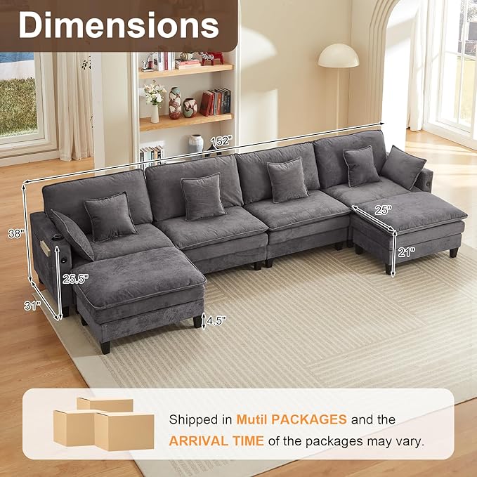 152 Modular Sectional Couches for Living Room U Shaped Cloud Couch with Ottoman Chenille Deep Seat Sofa Cloud Sectional Couch with Charging Station Cup Holder Side Pocket Grey