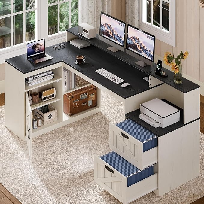 TVU Farmhouse L Shaped Desk with Drawers 62.2 Home Office Desk with Storage Shelves and Power Outlet L Shaped Computer Desk with Monitor Stand and Printer Shelf Black and White