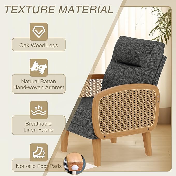 Yongchuang Upholstered Linen Accent Chairs Set of 2 Wood Rattan Armchair Mid Century Modern Bedroom Living Room Chairs Grey