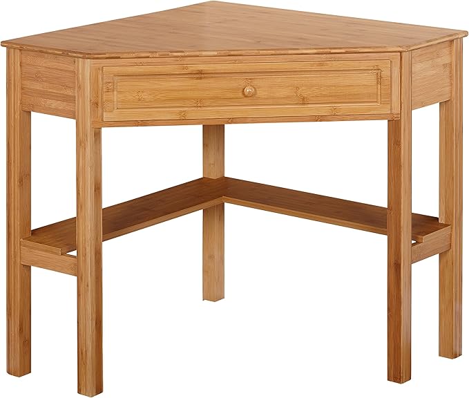 Ellen Bamboo Wood Small Corner Desk with Storage Drawer and Shelf – Compact Computer Table for Home Office Bedroom or Study Bamboo Natural Finish