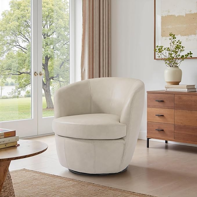 Swivel Barrel Chair Modern Round PU Leather Accent Armchair for Living Room Bedroom Comfy Club Reading Chairs for Adults (Leather Beige Set of 1)