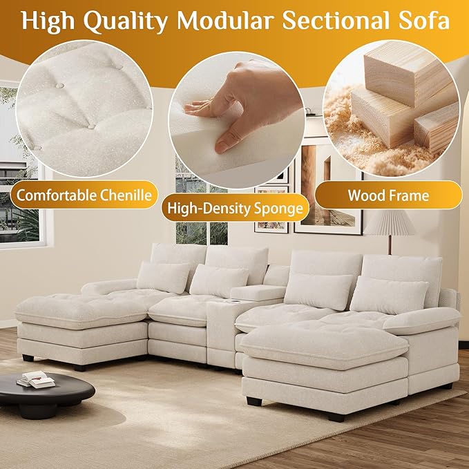 134 Oversized Beige Sectional Couches for Living Room with Glitter Fabric Fluffy Couch with Chaise Lounge&ampTufted Buttons U Shaped Sofa Set Chenille 6 Seater Couch with 2 Ottoman &amp Storage