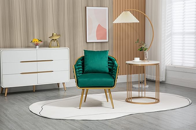 Generic Velvet Accent Chair Modern Upholstered Armchair Tufted Chair with Metal Frame Single Leisure Chairs for Living Room Bedroom Office Balcony Emerald