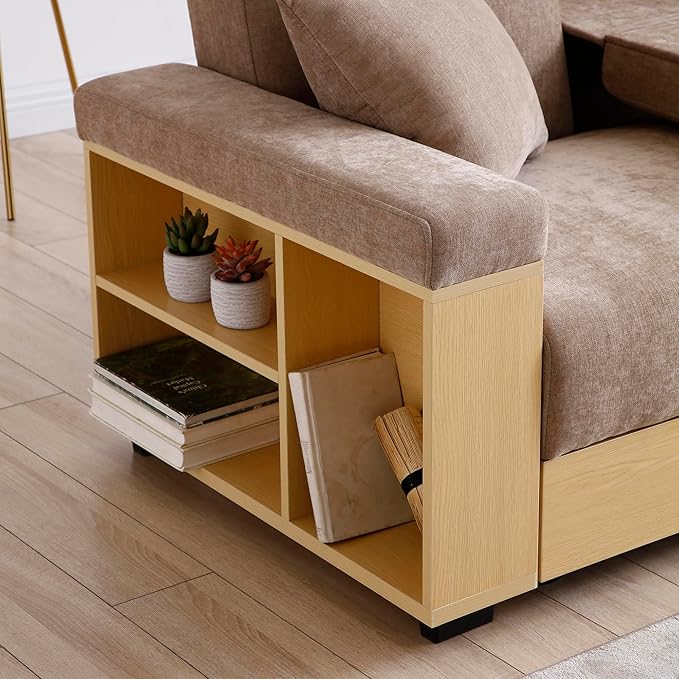 Convertible Sleeper Couch Multi-Functional Sofa Sleeper with Storage Ottoman and 2 Drawers Sectional Couch for Living Room Drop Down Table with 2 Cup Holders Storage Armrest Design (Light Brown)