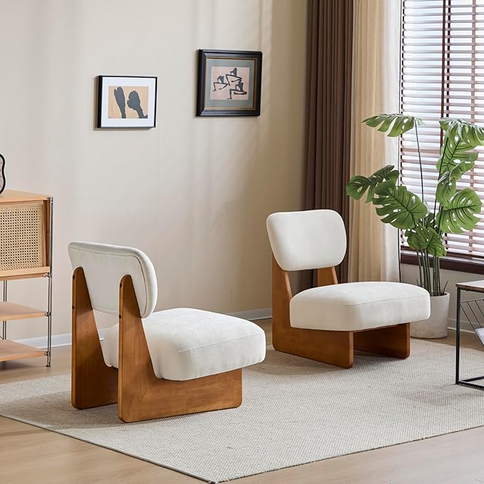 Christopher Knight Home Mores Low Profile Accent Chair Set of 2 Modern Living Room Armless Lounge Chair Fabric Comfy Reading Chair for Bedroom Wooden Frame and Thick Padded Seat Beige + Natural