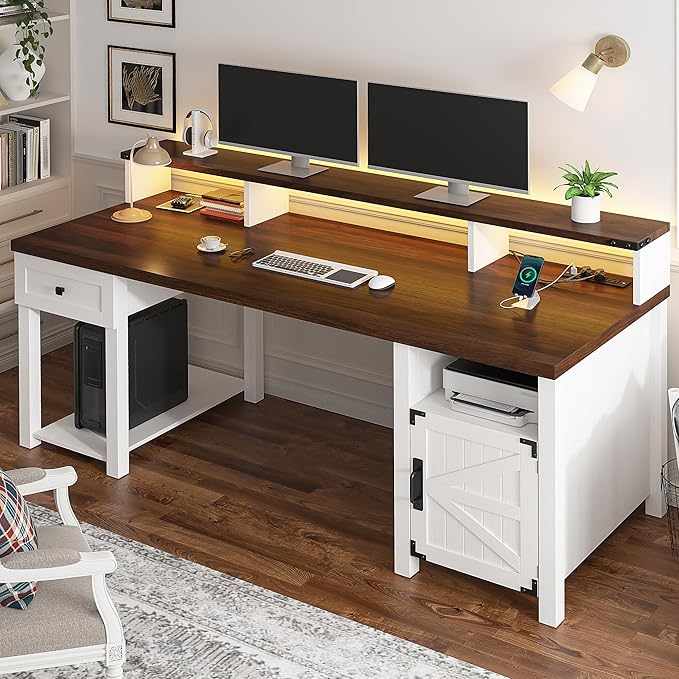 EnHomee Computer Desk with Drawers23 D Home Office Desk with StorageWooden Desk with Monitor StandFarmhouse Desk with Printer Space and Power Outlets for StudioWork StudyWriting&ampGamingWhit