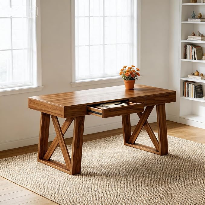 Tribesigns 55 Inch Walnut Computer Desk with Drawer Mid-Century Farmhouse Executive Desk Rustic Wide Desktop Home Office Desk for Workstation