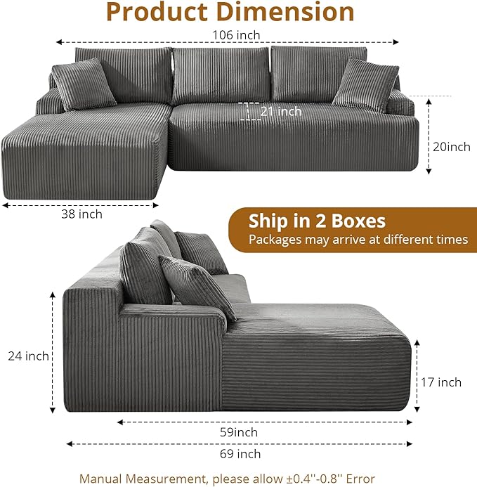 106 Cloud Sectional Couch with L-Shape ChaiseModern Modular Sofa with Deep Seat Upholstered Couches for Living Room BedroomNo Assembly Required（Dark Gray）